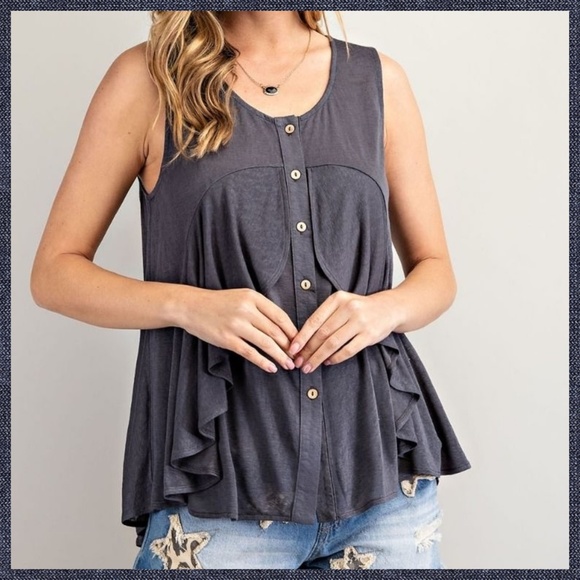 EASEL Button Down Flowy Tunic Top Ruffle Detail Front Pleated Back - Picture 9 of 14